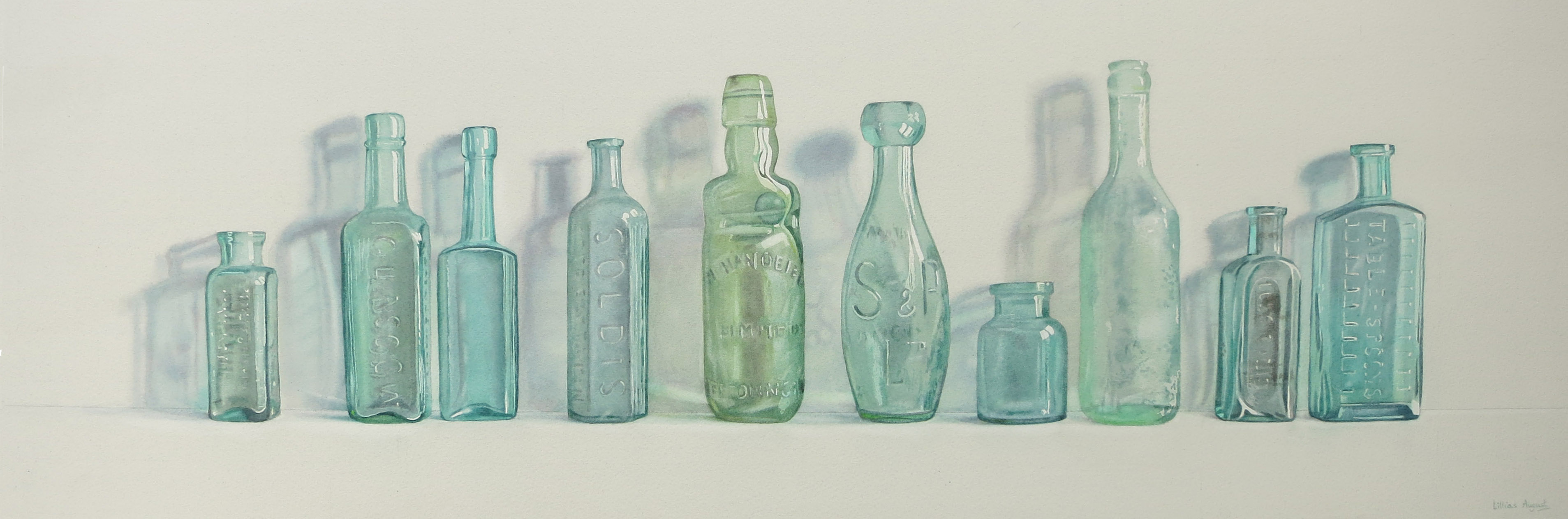 Ten green bottles 30 x 89cm Watercolour by Lillias August ©