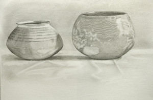 Two stone age pots - pencil drawing